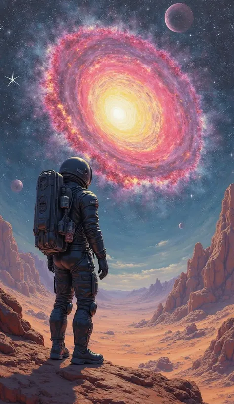 
" A solitary astronaut on an unknown planet , wearing black space armor with detailed textures and metallic reflections, observes a brilliant cosmic vortex in the sky. The spiral galaxy pulsates with shades of pink, magenta and electric yellow, contrastin...