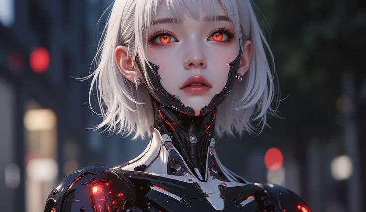 AI woman with matte black and white cyberbody, with red glowing details, very tall, with thick thighs, wide hips, long legs, and a slender waist. Dark red glowing eyes, Short flowing white hair. sad expression on face, No mechanical parts on the face, Clea...