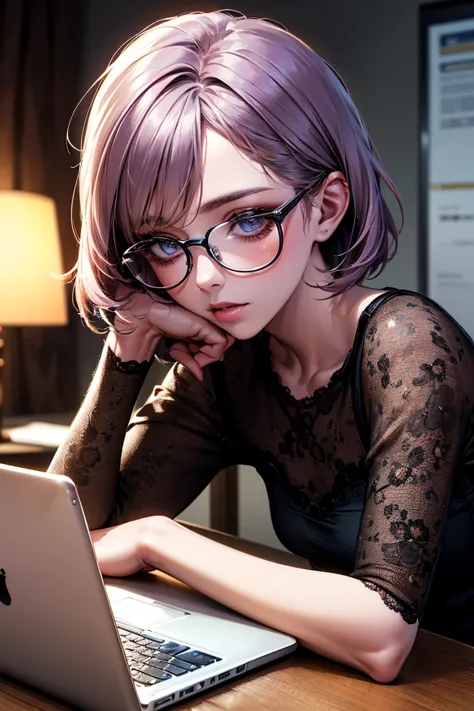 HD、high quality、woman with glasses on her head sleeping at her desk with her laptop as a pillow、I have glasses on my head、Light purple short bob。