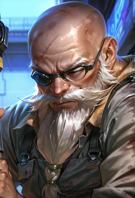 Score_9, Score_8_up, Score_7_up, Score_6_up, masterpiece, portrait, best quality, upper body, 1male, old male, big beard, bald, mechanic outfit, dirty outfit, L0LSPL4SH,