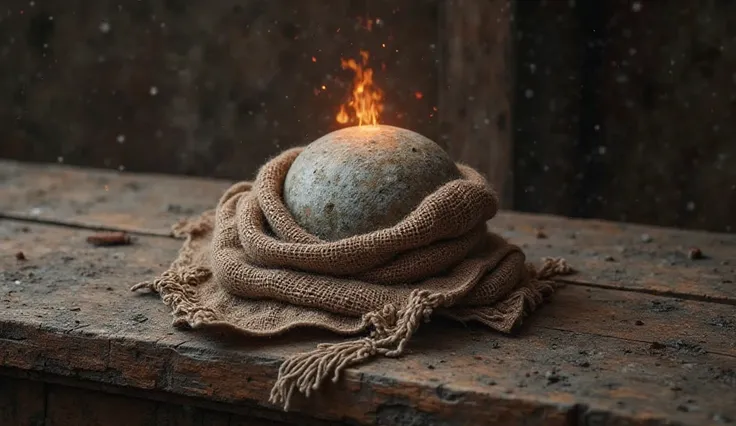 "A heated stone wrapped in cloth on a rustic wooden table, symbolizing the primitive yet effective ways medieval people fought the cold."
