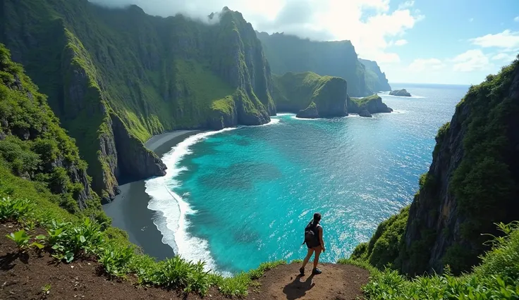 Dramatic Cliffside & Hidden Beach
A breathtaking aerial view of a secluded Hawaiian beach, surrounded by lush green cliffs. The turquoise ocean contrasts with the black sand, creating an untouched paradise feel. Add a hiker in the distance to emphasize the...