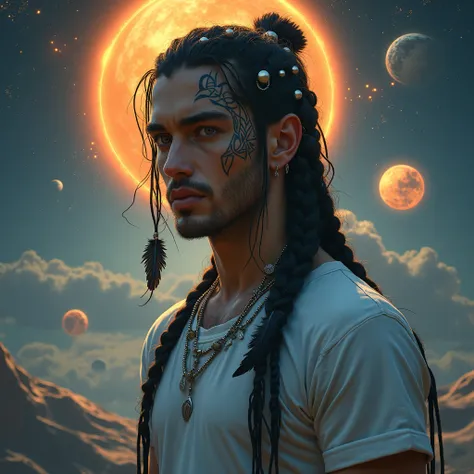 Masterpiece, best quality, highresolution. A portrait of a man with braided pitch black hair, decorated occasionally with silver balls and other trinkets. Some of the braids have raven feathers. He has fair skin skin. ((He has black sclera. His eyes are pi...