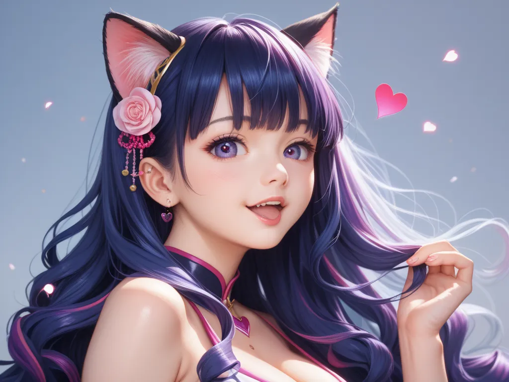 Japanese illustration style, 1 girl,  long hair, look at cleavage, opens her mouth, Cat ears,  Ahe Face, heart in the eye, 