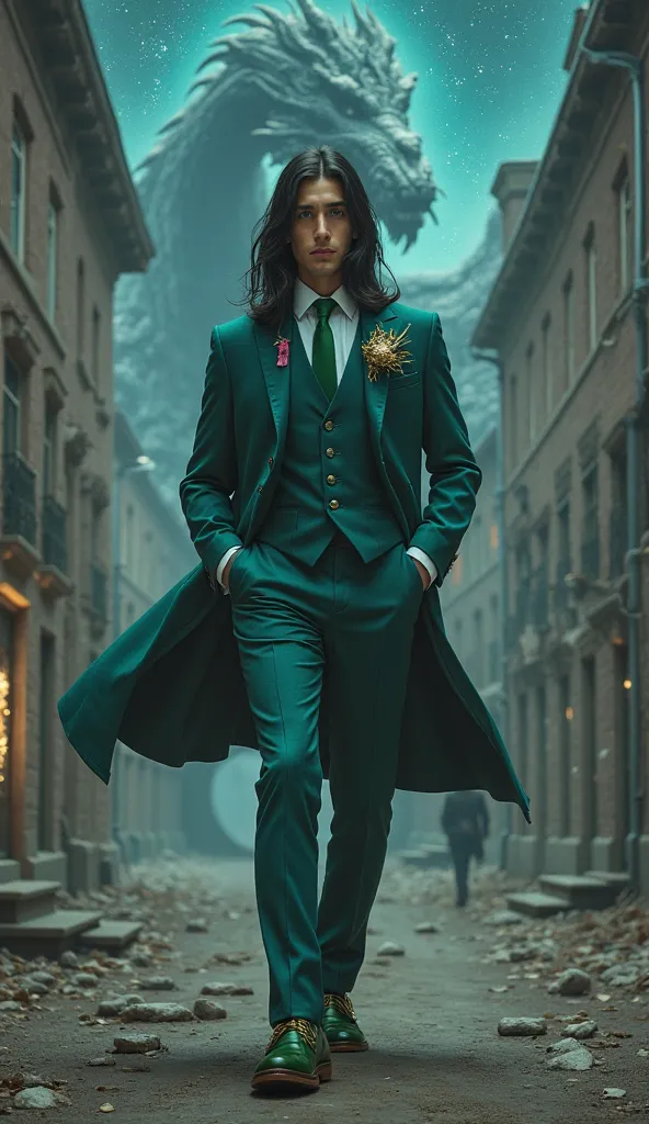 full body portrait,  seen from below . Man with smooth and long black hair and serene eyes, wearing a three-piece Italian suit in teal and lilacs, with a green silk tie and a Dragon brooch on the collar. He is calmly walking through a gloomy city with star...