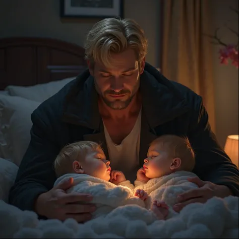  A Man, Muscular blond in a black coat, dark blond hair and a thin beard putting his two babies to sleep in a bedroom at night looking tenderly at a realistic 8K ultra HD image 