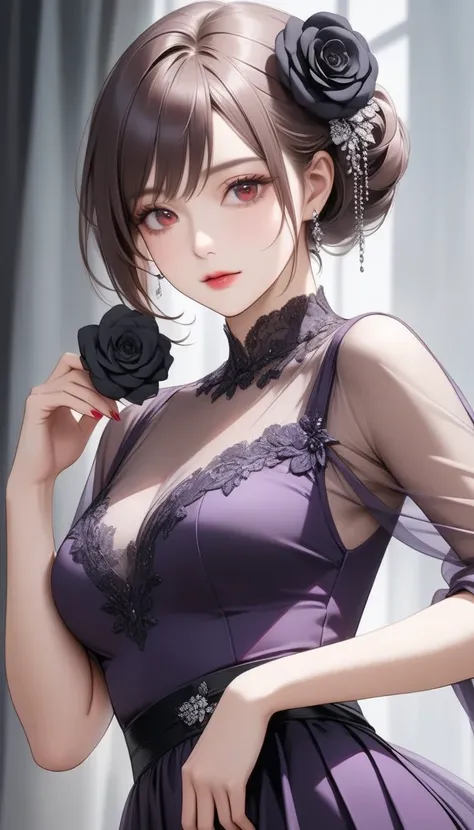  masterpiece,   graceful mature woman with shiny red eyes,  Perfect face , perfect style,  purple see-through dress holding a black rose, high definition, semi-realistic,   perfect art , 