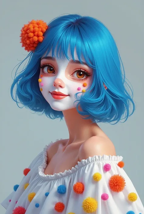 Riley da Disney&#39;  with short blue hair , white sleeve blouse with colorful pompoms, brown eyes, With her face painted all over white.
