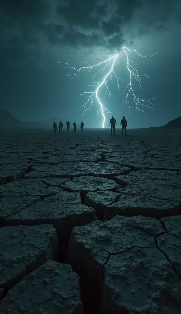 POV: You see the cracked and dry ground, the environment is a dark desert. In the dark sky, lightning briefly illuminates the devastated landscape. On the horizon, shadowy figures move slowly, watching you.