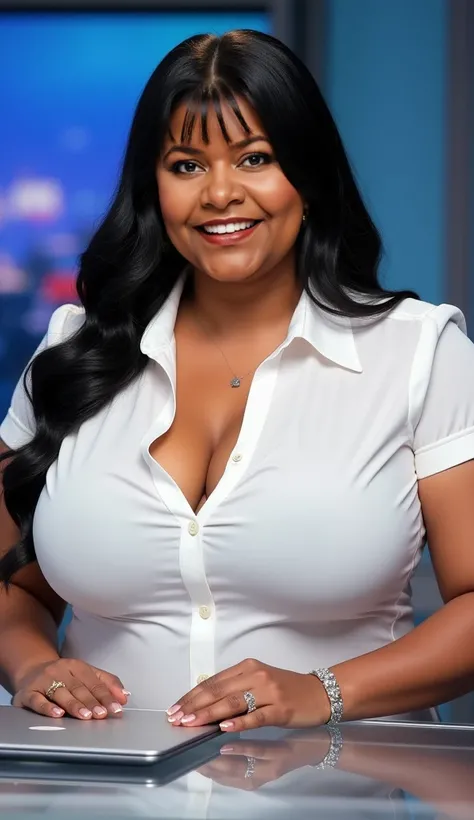 Biggest boobs, gigantic breast, sbbw plus size heavy weight healthy, big round chubby face, chubby Chin longest black hair medium layers hair style, widest shoulders and hips, news reader, showing cleavage, High profile News studio, glass news desk, laptop...