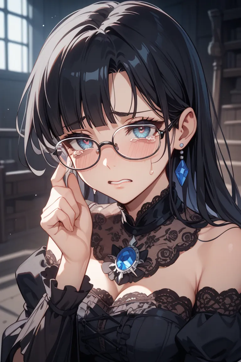 A ladylike woman、 in the dark-cellar、A frightened expression with tearful eyes、Long Haired Black Hair、Glasses、Slightly droopy eyes、Teardrop、 nice buddy、Has a hidden desire to be treated harshly、