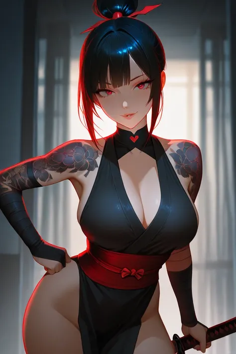 Ninja Girl full of tattoos,  Asian,seductive, erotica, carrying a katana , transparent black clothes, posse sensual , anime style ,  transparent fabric 