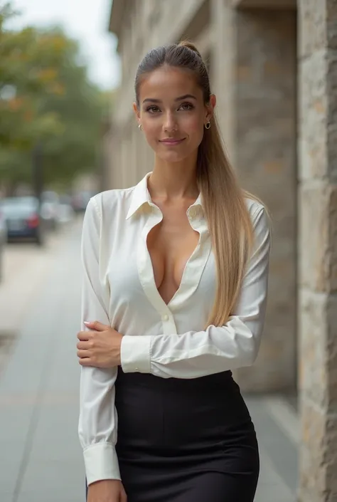 Very realistic and detailed photo of attractive lawyer latina woman with piercing brown eyes, looking directly at the camera, at the open space,perfectly fitted white top, cleavage, dark tight skirt with high heels, clothes tight against body, clothes too ...