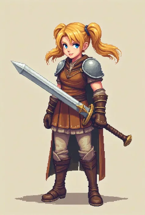 in Pixel Art , Generate a feisty blonde girl with two pigtails and light leather armor.  getting ready to fight 