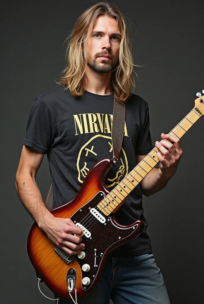 Create a 30-year-old man who uses Converse, That he has a Fender Jaguar Kurt Cobain in his hand, That he likes the band Nirvana, has a little long hair and is a wealthy person and that he has a Nirvana shirt