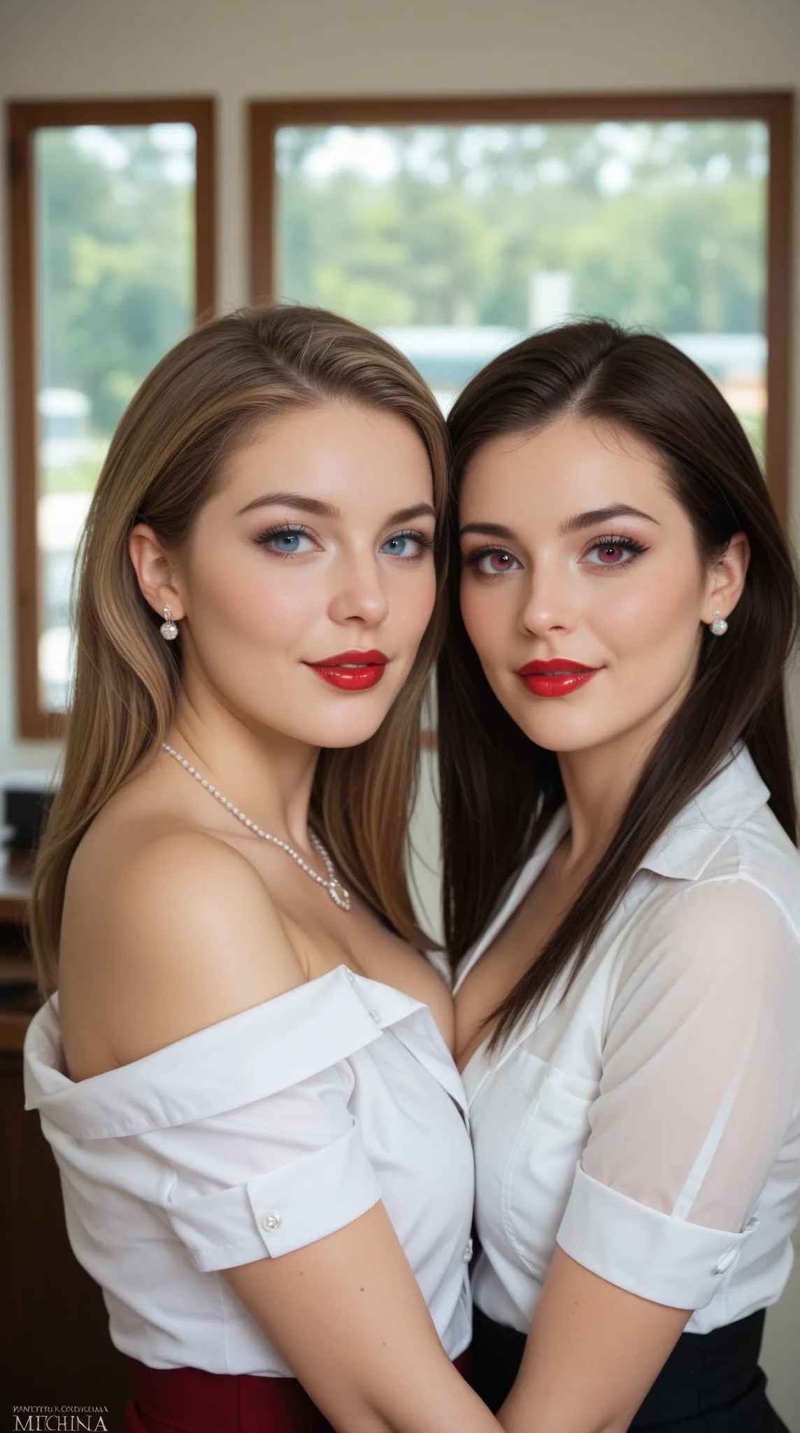 Twin sisters, females whose facial features are a combo of Meghan McCain + Sabrina Carpenter. The female's hair is untied and hangs loose. The female has lovely makeup on her face. The female wears red lipstick. Symmetrical eyes. Symmetrical face. Lovely d...