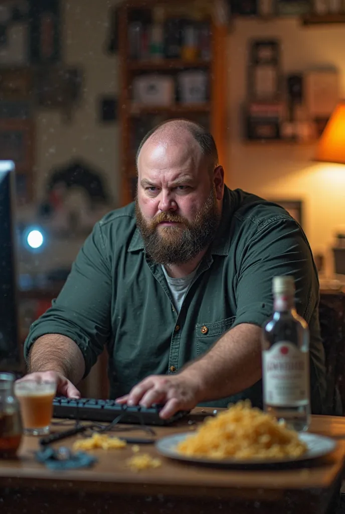 Picture a fat, bearded, and slightly hair loss man in his mid-30s who gets angry and knocks down the keyboard while playing a computer game in a messy room with bottles of alcohol and leftover cup noodles