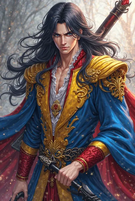 A man with long hairs ,a demonic sword in this hand just like in solo leveling and wearing a king like dress which is in blue yellow and red .gave him the appearance of handsomeness in anime style