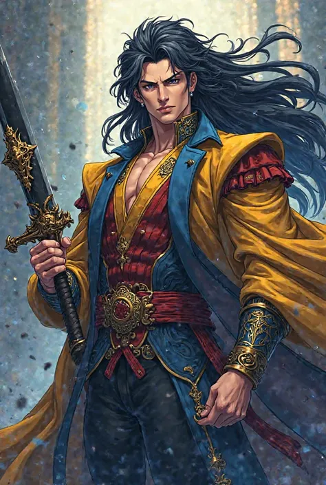 A man with long hairs ,a demonic sword in this hand just like in solo leveling and wearing a king like dress which is in blue yellow and red .gave him the appearance of handsomeness in anime style