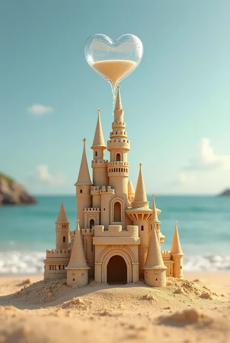 create the image of a sand castle and behind the house a heart-shaped hourglass, with sand falling