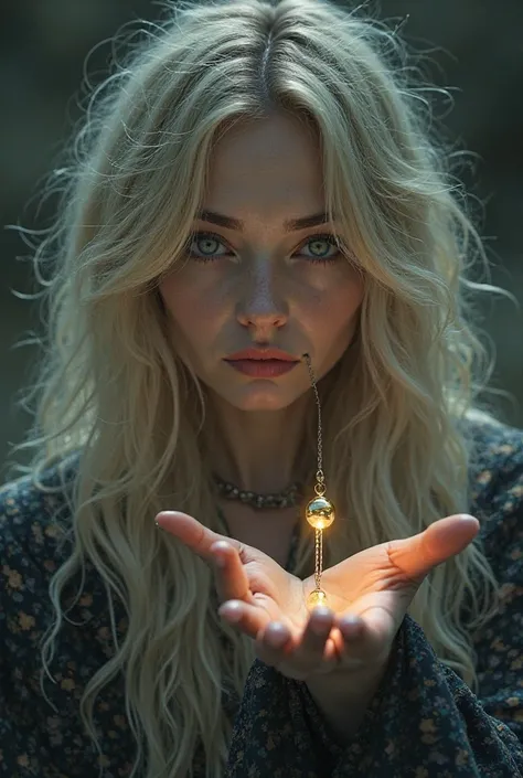 Woman with dark eyes with blonde hair with a pendulum in her hand 