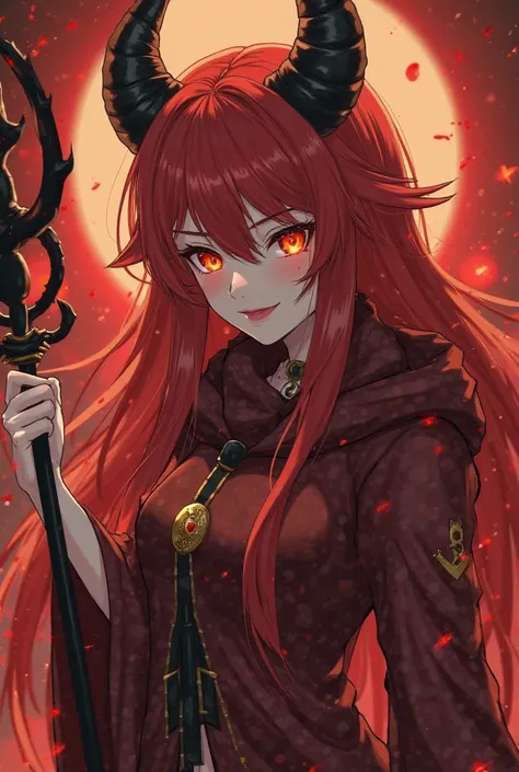 with black horns on the head, with orange eyes, with a slight smile, wearing a dark red cucumber, with a slight view of the sternum, 가슴골이 살짝 보이는, long red hair flickering {x} holding a black red gold spear in one hand