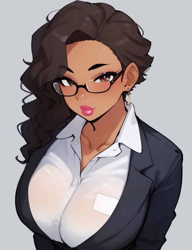 By bebebebebe, by lostgoose, by goonie-san, Solo, standing, black woman, office worker, glasses, big glossy lips, ((lip gloss)), eyelashes, eyeliner, dark brown eyes, black curly hairstyle, human 