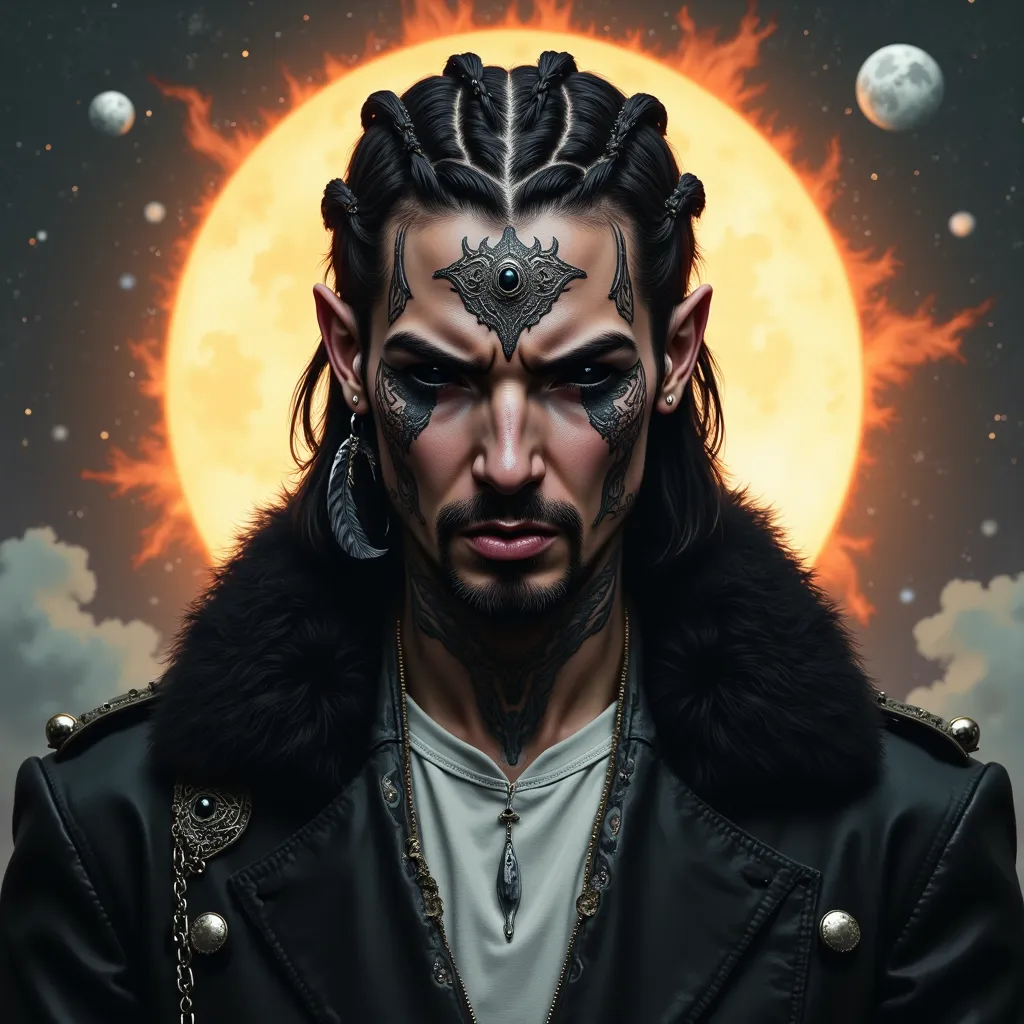 Masterpiece, best quality, highresolution. A portrait of a man with braided pitch black hair, decorated occasionally with silver balls and other trinkets. Some of the braids have raven feathers. He has fair skin skin. ((He has black sclera. His eyes are pi...