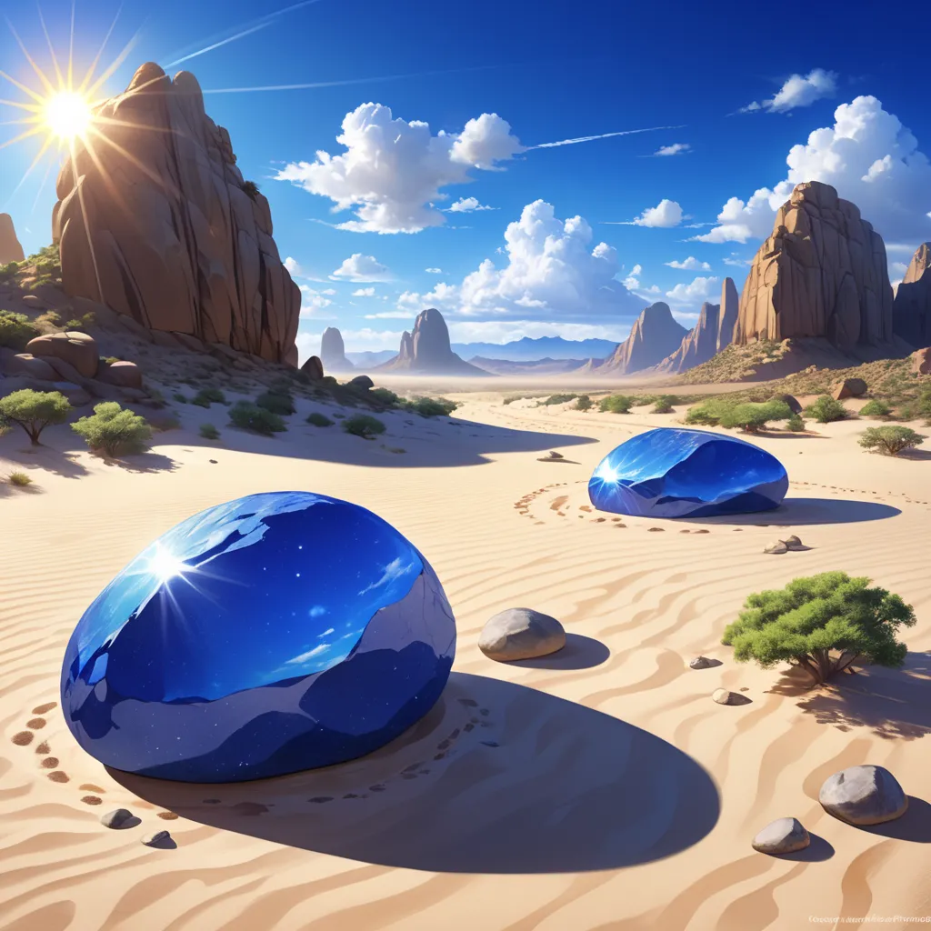 Vast desert、There is a huge lumpy rock all around、There is a path between rocks、The sky is cobalt blue、The sun is dazzling、The clouds are also shining in reflection
Super realistic
Super fantastic
A sense of happiness is overflowing