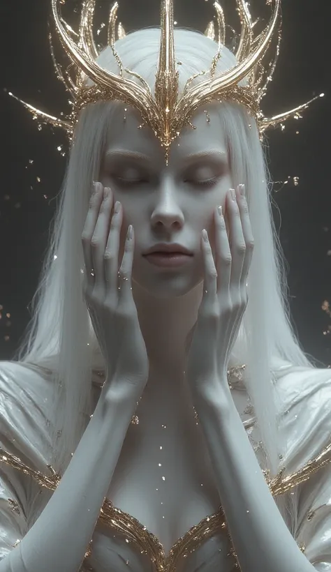 In the dark fantasy style, Faceless Woman, dark art,  pale skin , she wears a golden crown, she has both hands on her face, lady in white, skeletal skin, masterpiece,  best quality,  neutral colors, full body shot,