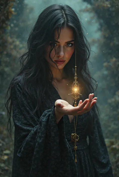 Dark-haired woman using radiesthesia pendulum 