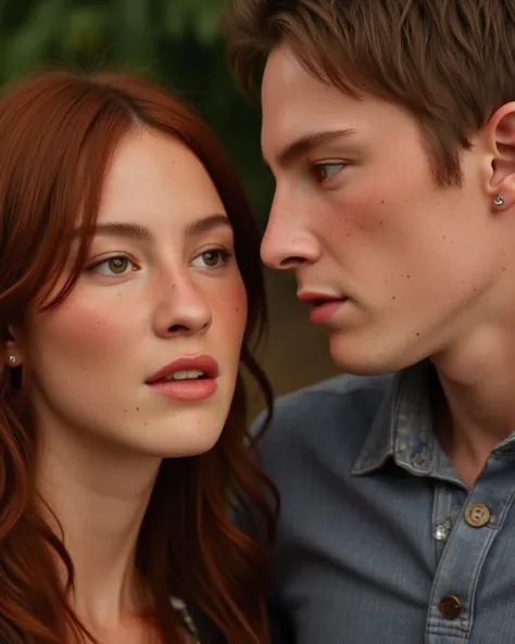  create an image featuring a realistic couple. The young adult woman (gracie abrams) has red hair, green eyes, and freckles, while the young adult man (drew Starkey) has light brown hair and blue eyes, they are looking at each other not smiling 