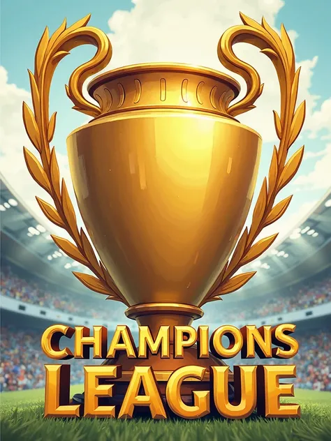 Make a cartoon cover for my book Champions League, make a golden shield with the title big a over the shield in big fancy letters 