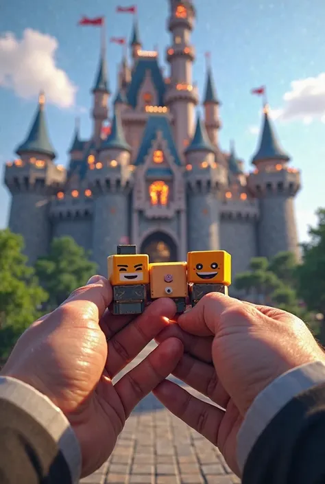 Minecraft POV showing the hands of a human making a jewelry sign for four Minecraft characters, That they smile. In the background, an imposing castle with tall towers, flags and shiny redstone details. Graphic style faithful to Minecraft, with visible pix...