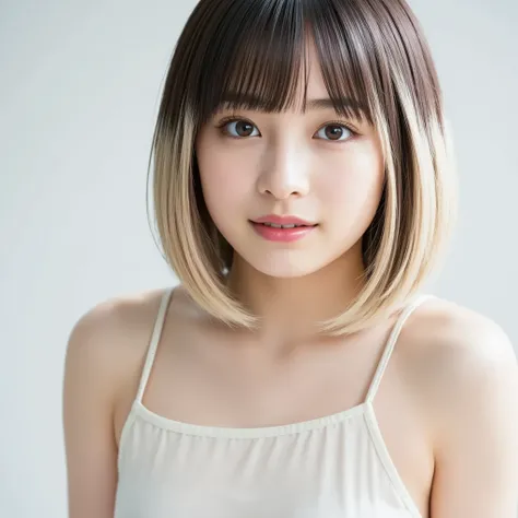 with blond and black two-tone bangs、bob hair light background、swimsuit、