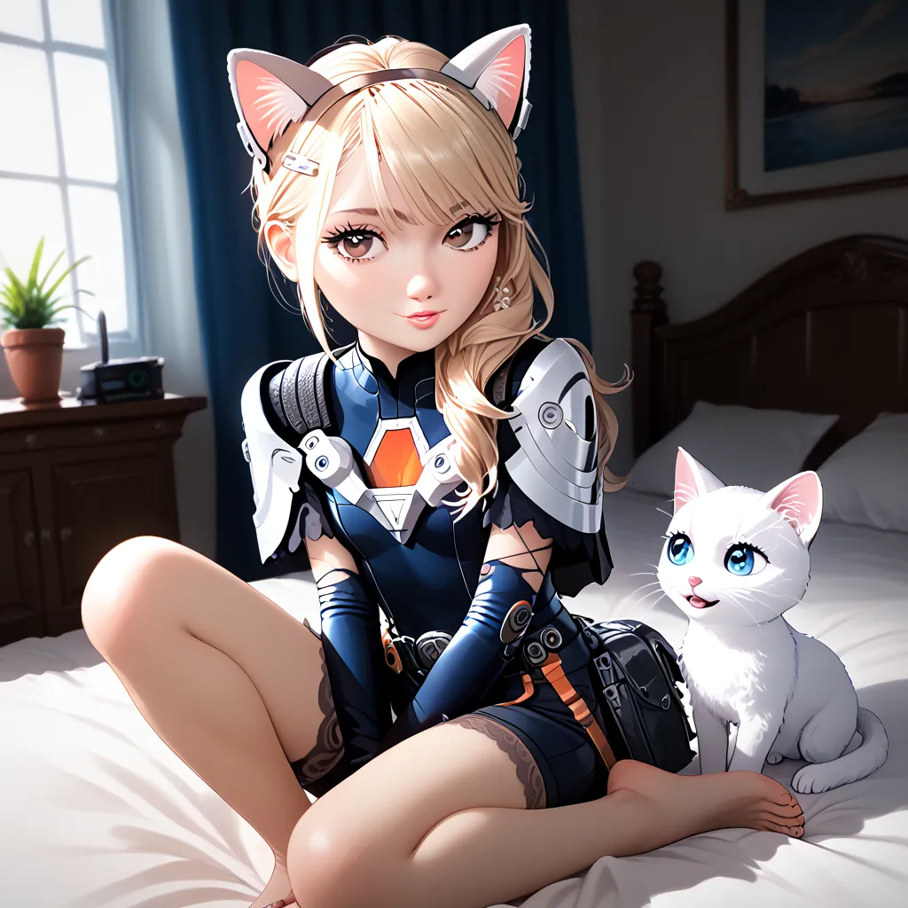 Young girl, (((White Race Western European girl ))), sitting on a bed, in a cyberpunk steel bunker with hatches etc., in the background. she wearing white cats ears. She has twintail hairstyle.  girl, slim petite, small girl, beautiful breasts. Masterpiece...