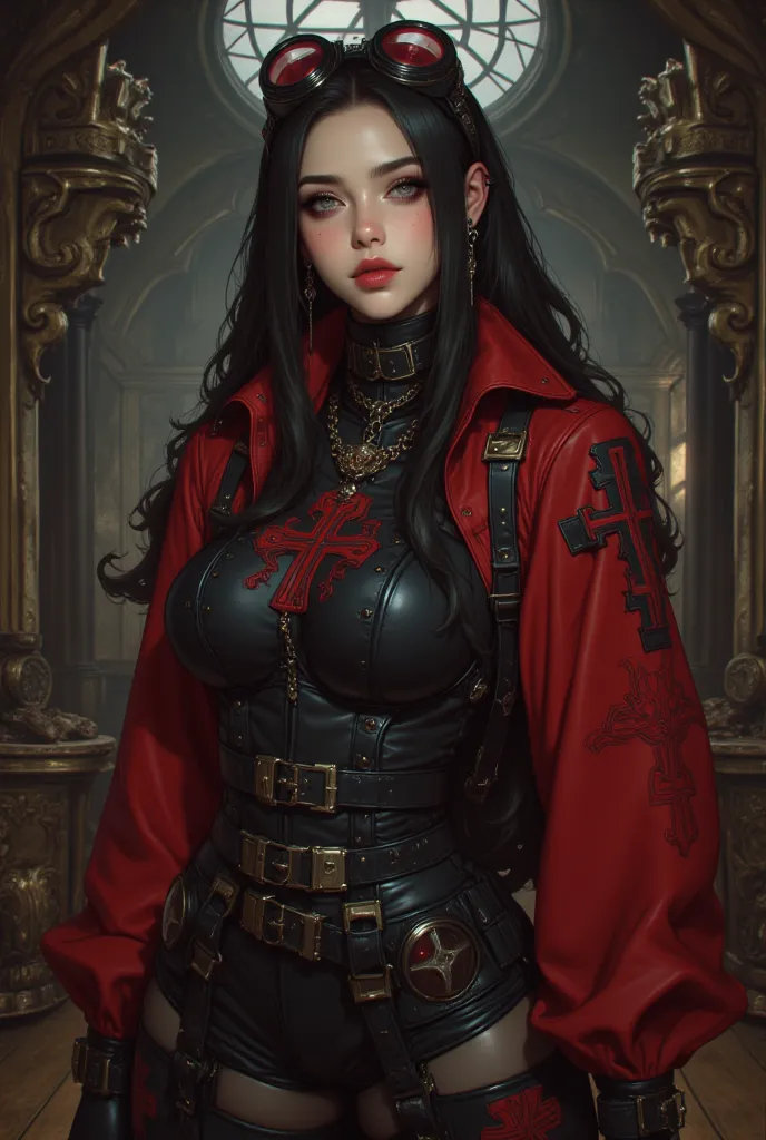 best quality, highres, 4k, 8k, amazing quality, Photo full portrait of photo real. black and red leather jumpsuit steampunk woman. steampunk background. “full body portrait”