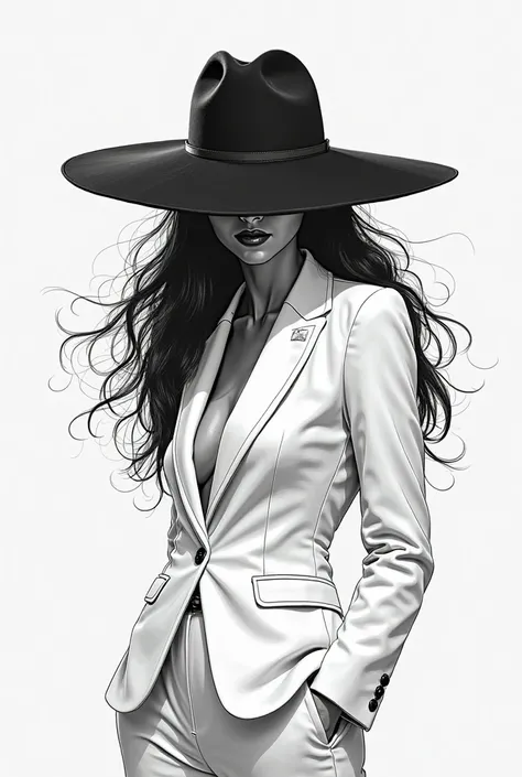 Woman with a hat that completely covers her face,  long loose hair, dressed in a white suit. Black and white comic book style colors and a little pixelated around 