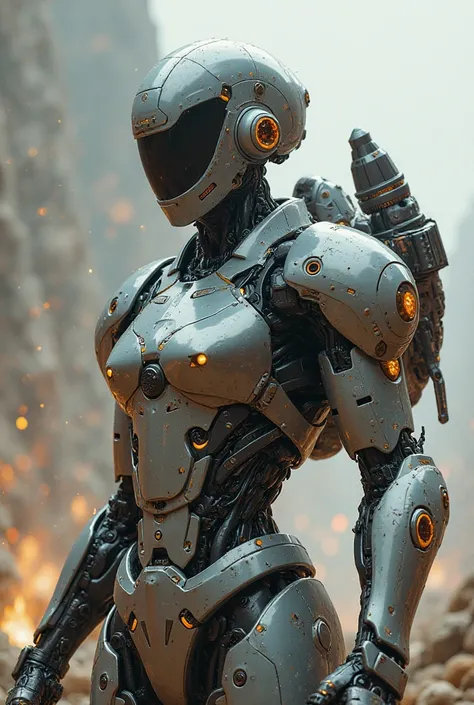 create a warrior robot with a human face, um plasma cannon on arm direito, and rocket on the back armed blue. Truly human face. with helmet. plasma cannon on arm. Live action