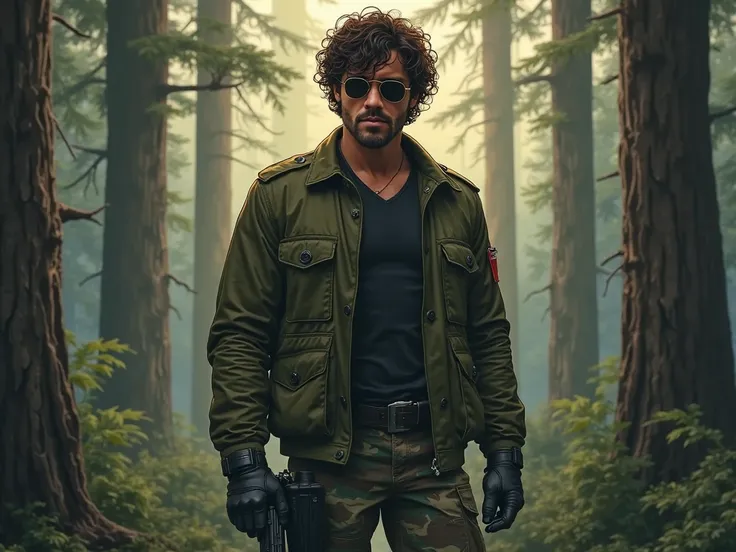 A 35-year-old man, slim but athletic build like Billy Russo from 'The Punisher' series, dark brown messy curly hair like Rambo from the first movie, slim and defined face with a superior smirk, light mustache and beard, wearing a large military jacket (lik...