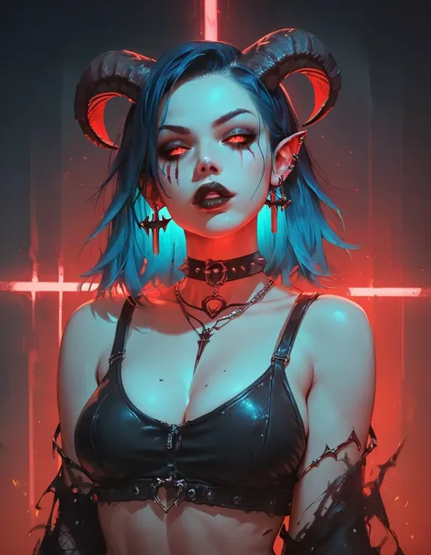 score_9. score_8_up, score_7_up, score_6_up, score_5_up, score_4_up, 1girl, blue hair, curvy, gothic, g0th1cPXL, glowing, neon, devil 