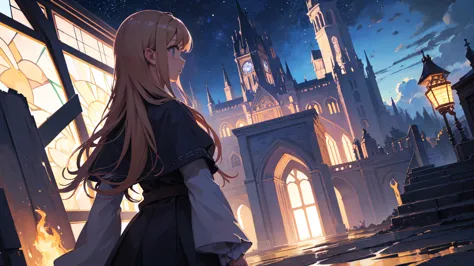  Under a wide-angle lens ,  The horizon is infinite , Night Sky, Starry Night,  Highest Image, vibes,anime style,movie-like angle,middle ages,,big tree,girl with her back, Stained glass floating around a girl, Shine, Light that emits seven colors, Spectacu...