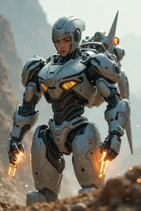 create a warrior robot with a human face, um plasma cannon on arm direito, and rocket on the back armed blue. Truly human face. with helmet. plasma cannon on arm. Live action