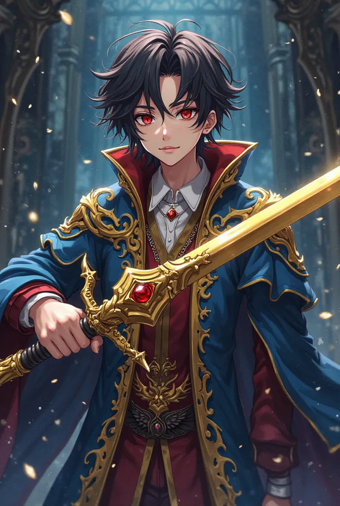 A boy with  medium hairs ,a demonic sword in this hand just like in solo leveling and wearing a king like dress which is in blue yellow and red .gave him the appearance of handsomeness in anime style