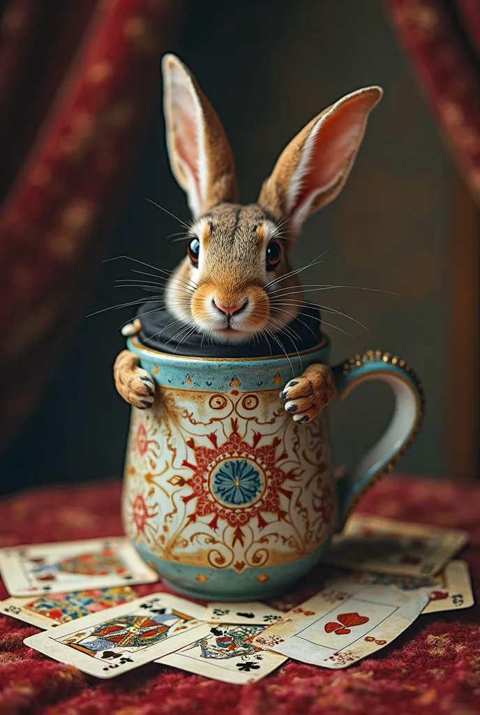 Create a mug with a rabbit in the top hat and trick cards