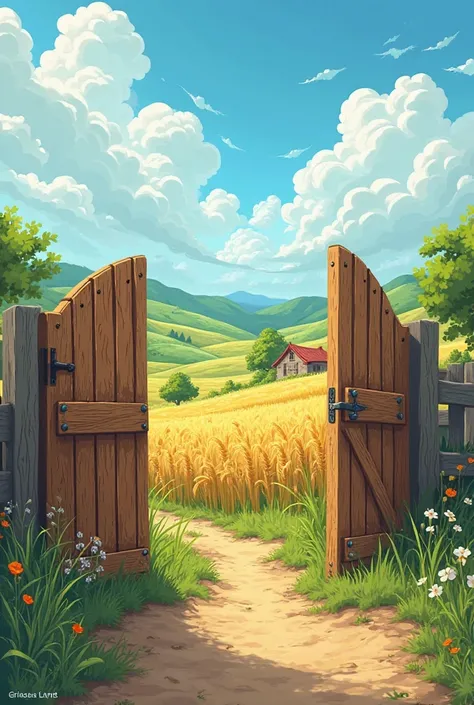 Create a, In Cartoon style, From an open farm gate