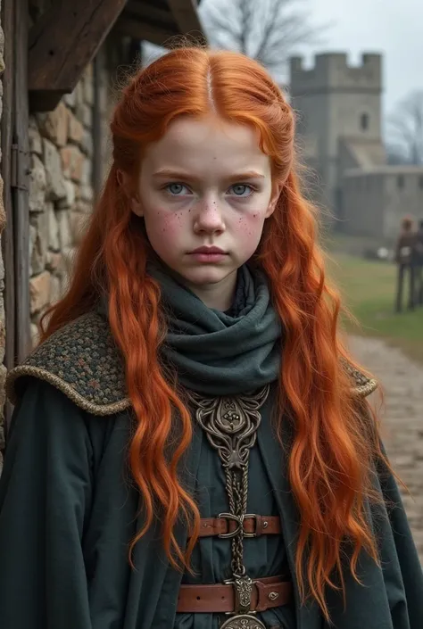 A realistic-style photo of a young girl with vibrant red hair, with a serious coat and face against a background from medieval times