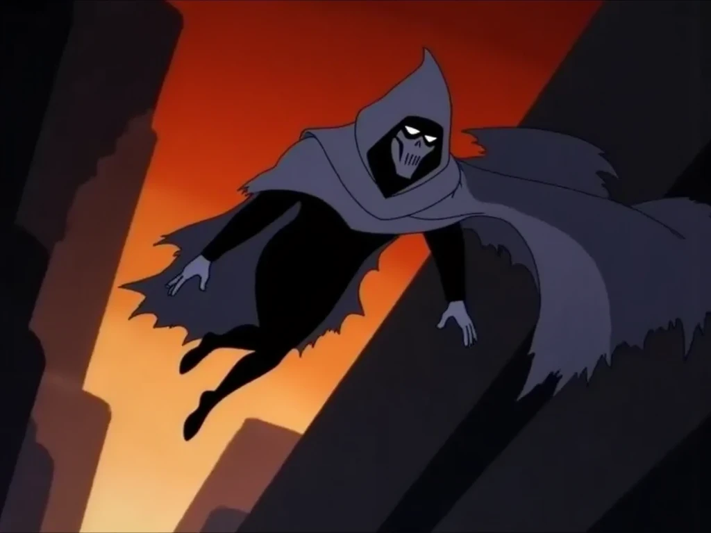 skydiving into canyon, lead of faith, soaring, drifting, free falling, vibrant warm hues, 1993 animation screengrab of Andrea Beaumont as the Phantasm, wearing a hooded charcoal-gray costume with a metallic skull-like mask and flowing cloak. Cel-shaded wit...