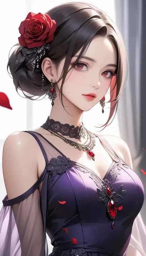  masterpiece,   graceful mature woman with shiny red eyes,  Perfect face , perfect style,  purple see-through dress holding a black rose, necklaces, earrings, red rose petals, high definition, semi-realistic,   perfect art , 