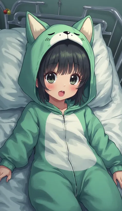  dark black hair, black eyes,hospital room bed,1 girl, high definition,, textured skin, very detailed, shortcuts,Petite, Low, middle school student,No breasts,slender,green fox costume pajamas,big hood、Baggy, short hair, expand hands,Mokko Moko's pajamas, ...